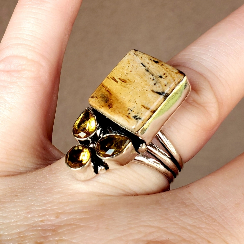 New Picture Jasper & Citrine 925 Silver Ring.